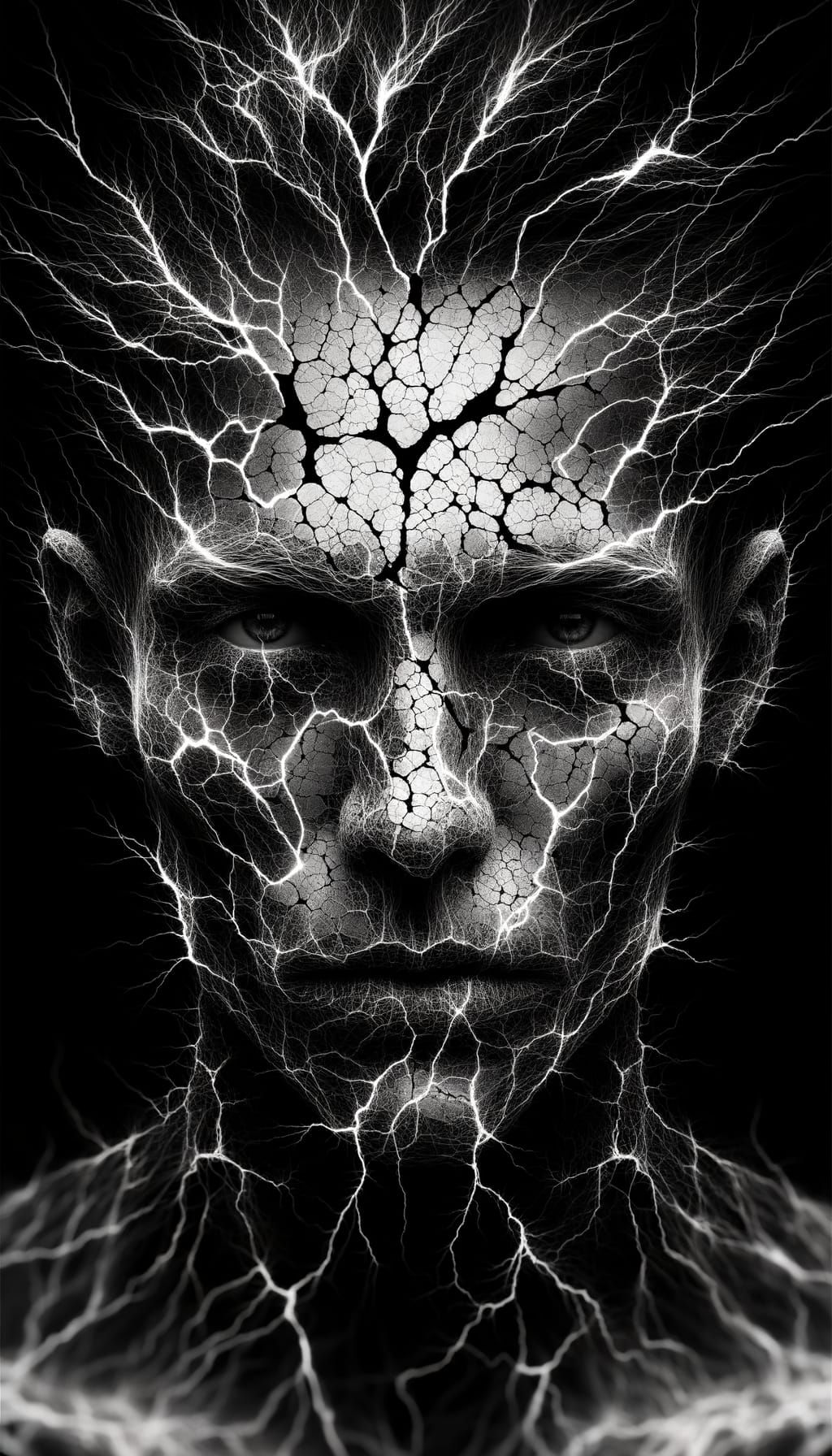 Monochrome Portrait of Survivor in Cracked Glass