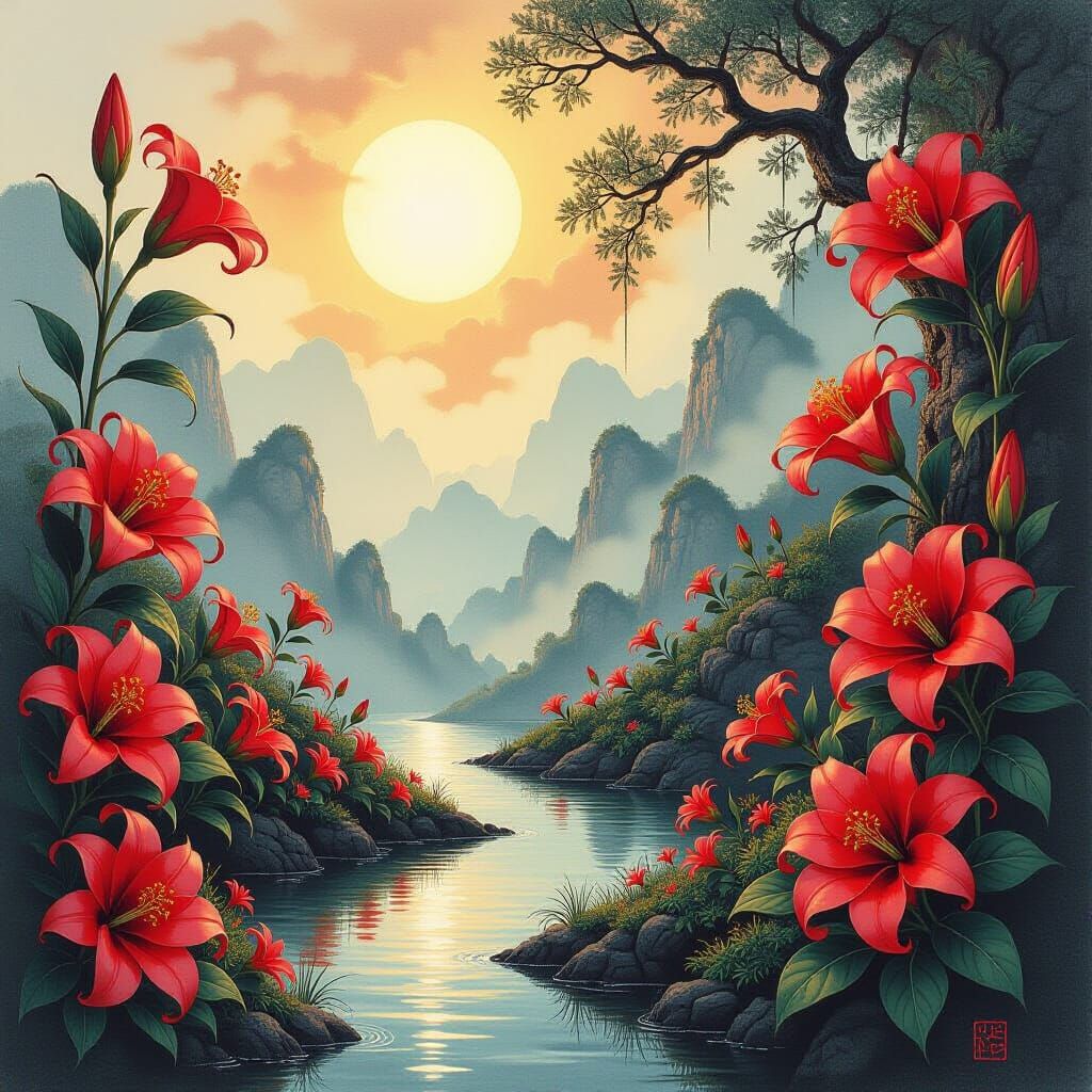 Ethereal Dreamscape with Lilies in Charcoal and Ink