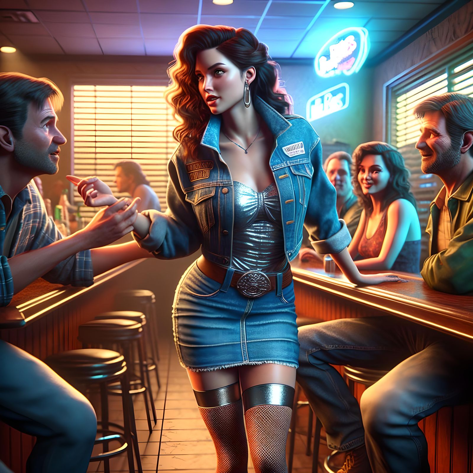 Hyperrealistic Image of Woman Flirting at 1990s Bar