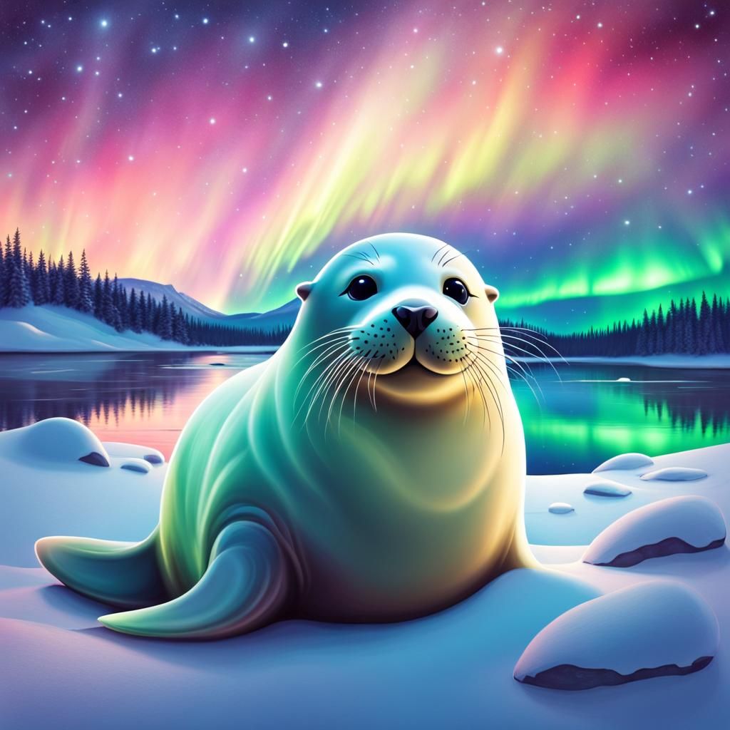 Cute Seal with Northern Lights in Dreamy Style
