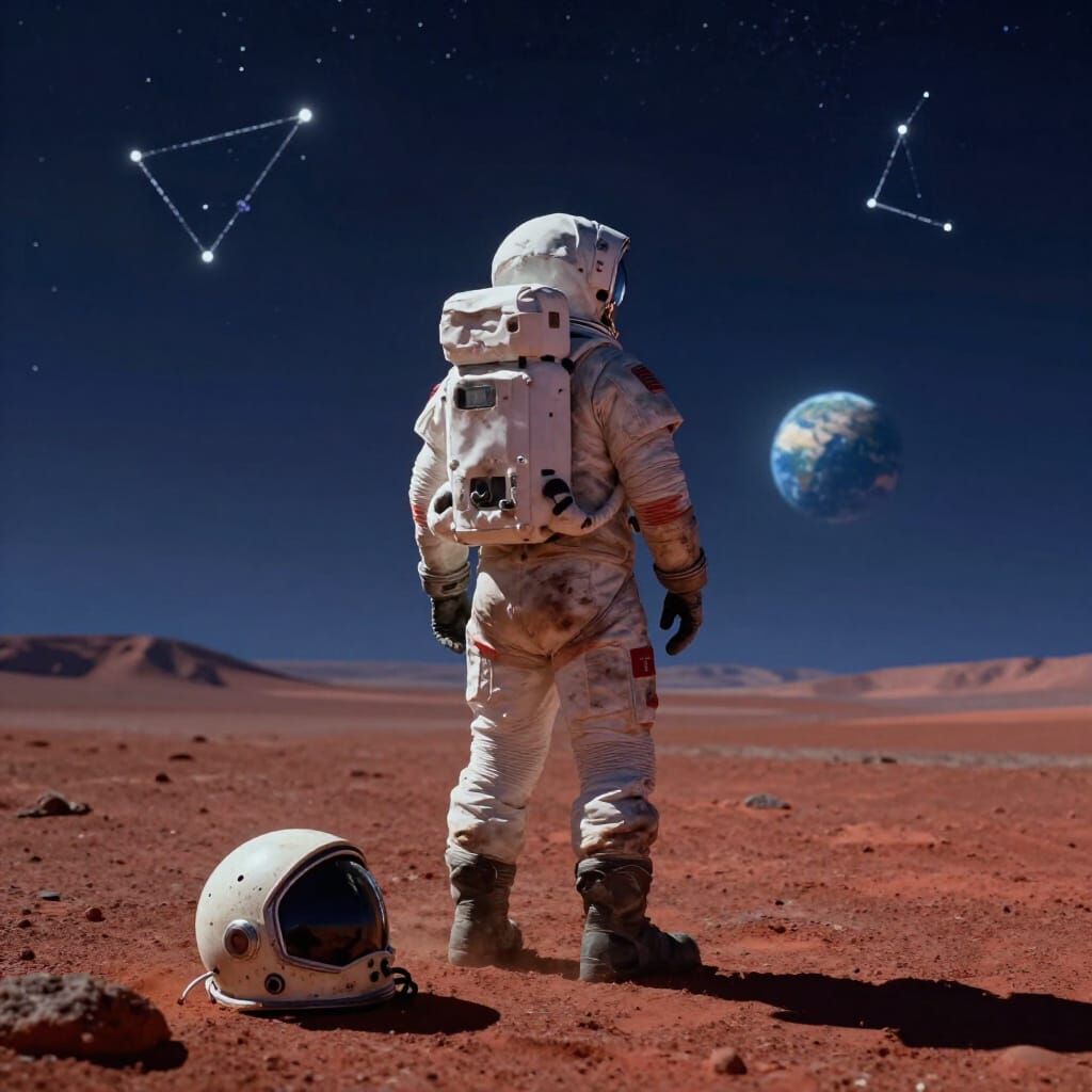 Astronaut on Alien Planet Gazes at Distant Earth