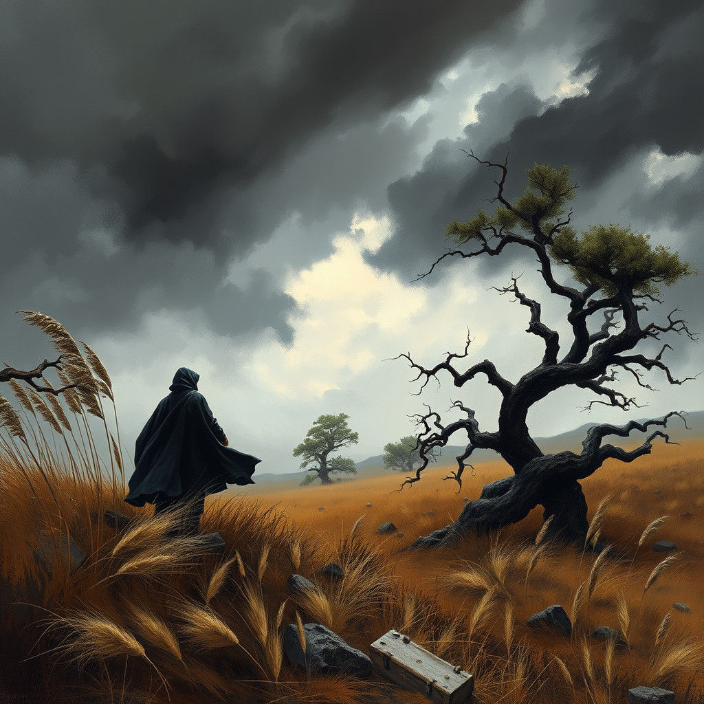 Windswept Figure in Desolate Landscape, Romanticism Style