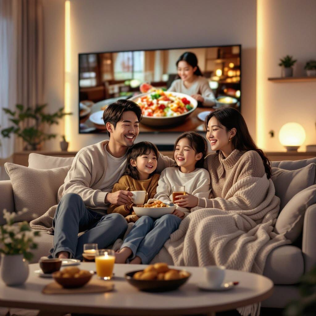 Family Enjoys Korean Food Drama on Cozy Couch
