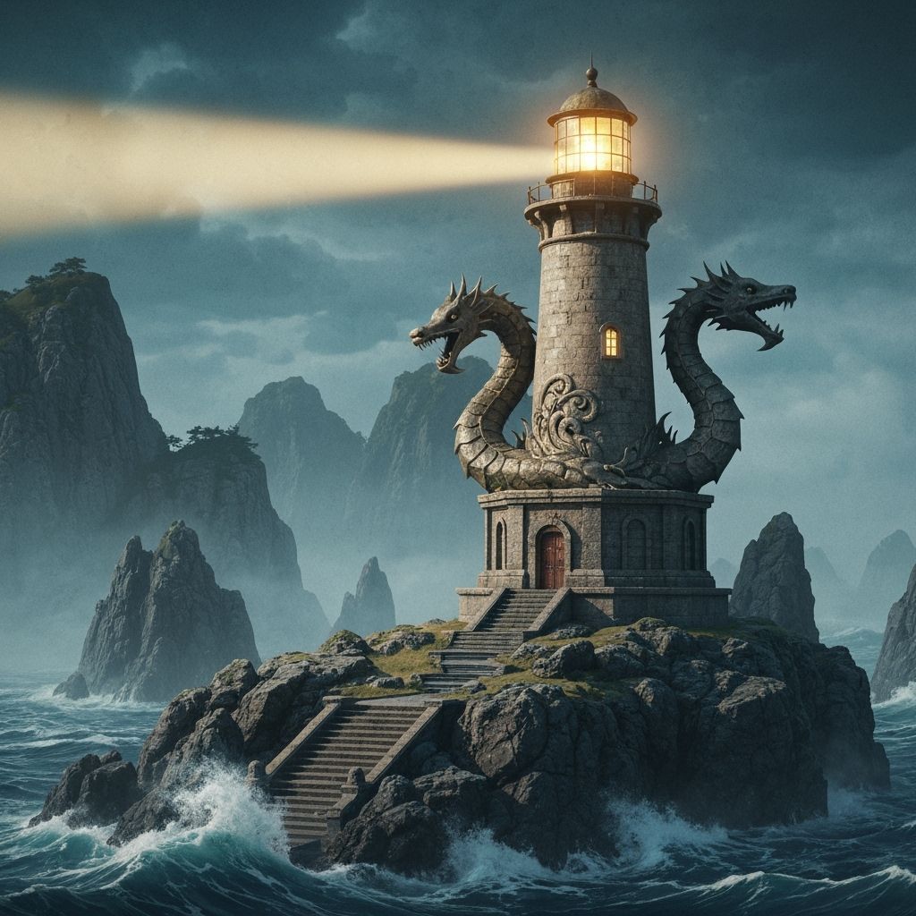 A majestic hydra shaped lighthouse stands sentinel on a rocky promontory, its beam cutting through the swirling storm an...