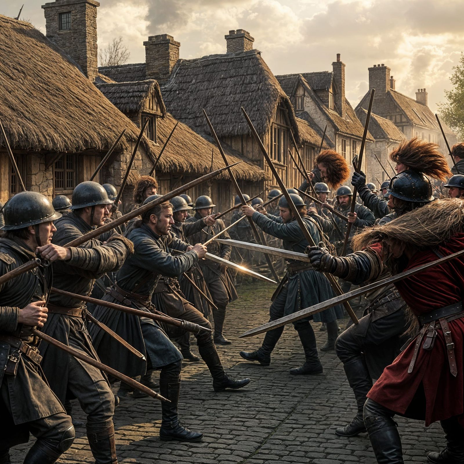 Oil Painting Style 17th-Century Village Skirmish