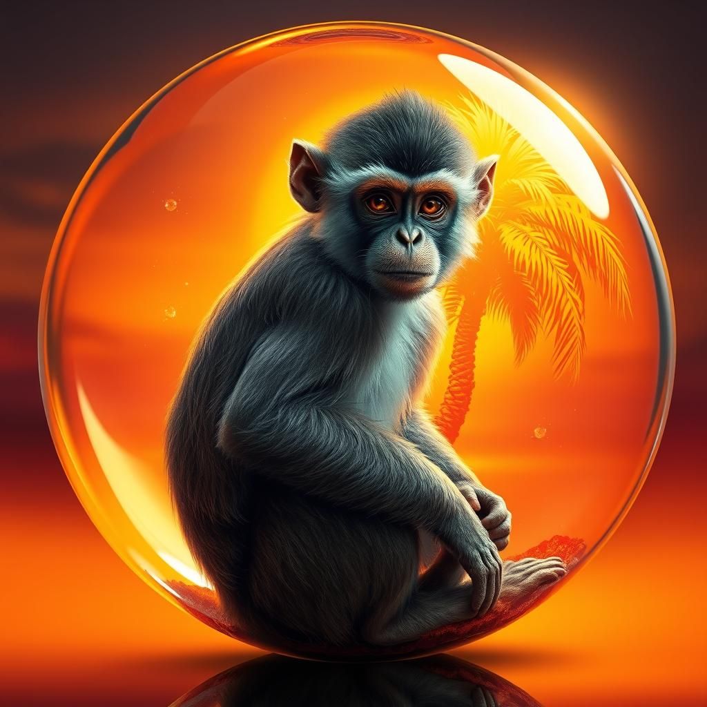 Monkey in Crystal Ball with Amber Palm Tree