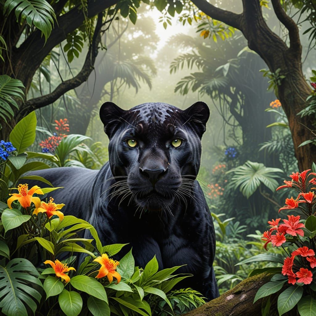 Mysterious Black Panther in a Jungle Oasis