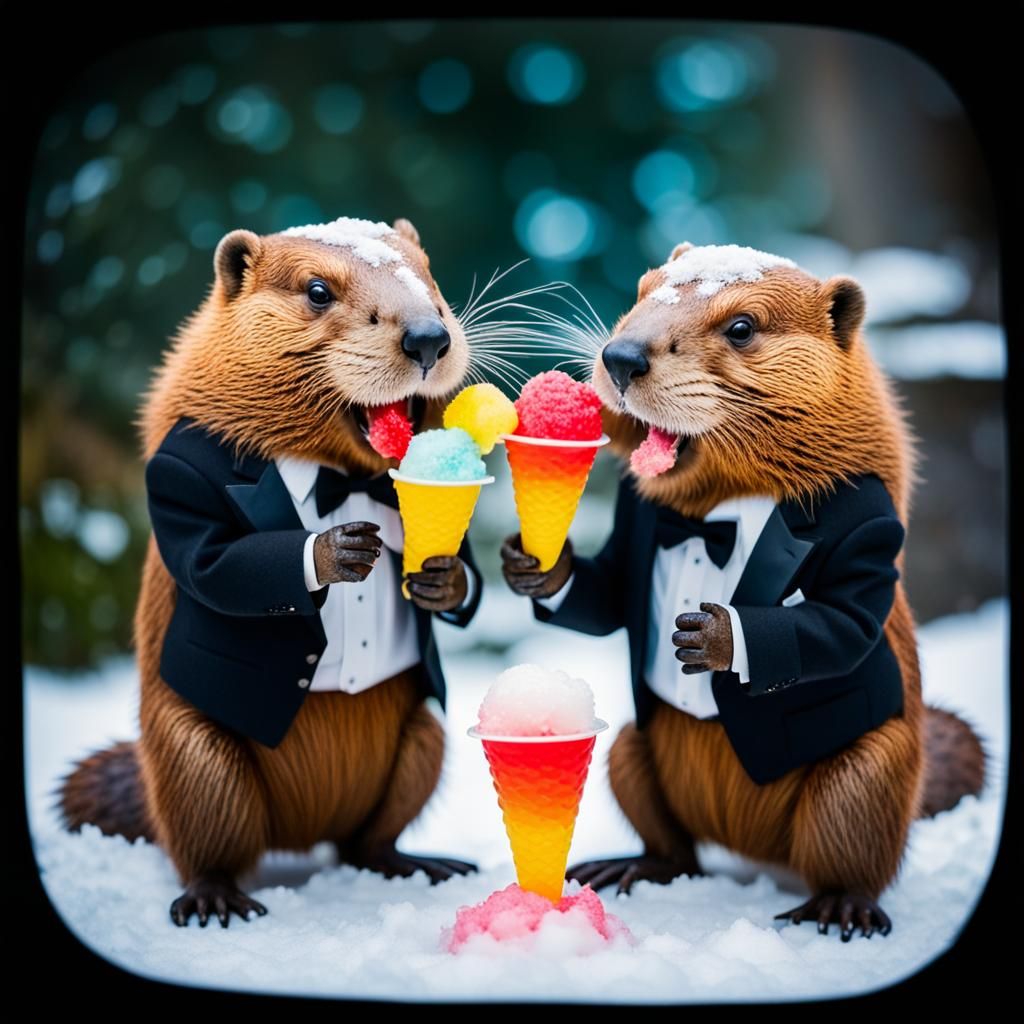 Two Beavers in Tuxedos sharing snow cones