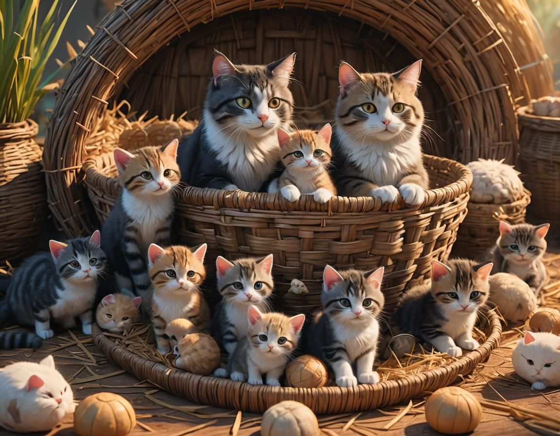 Mother Cat and Kittens in Basket, 3D Render