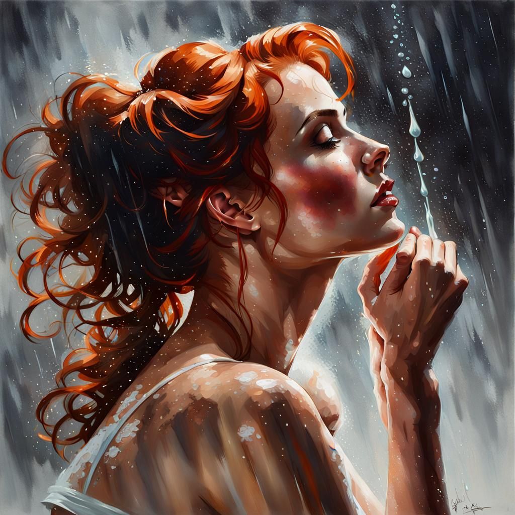 Redhead Woman in Rain: Pinup Portrait