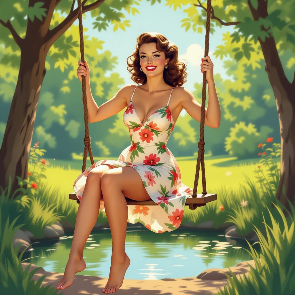 Brunette Pinup Girl on a Swing in 1940s Style
