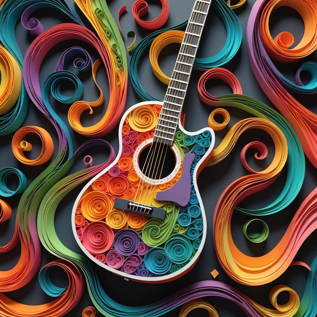 Abstract Papercraft Guitar with Swirling Colors