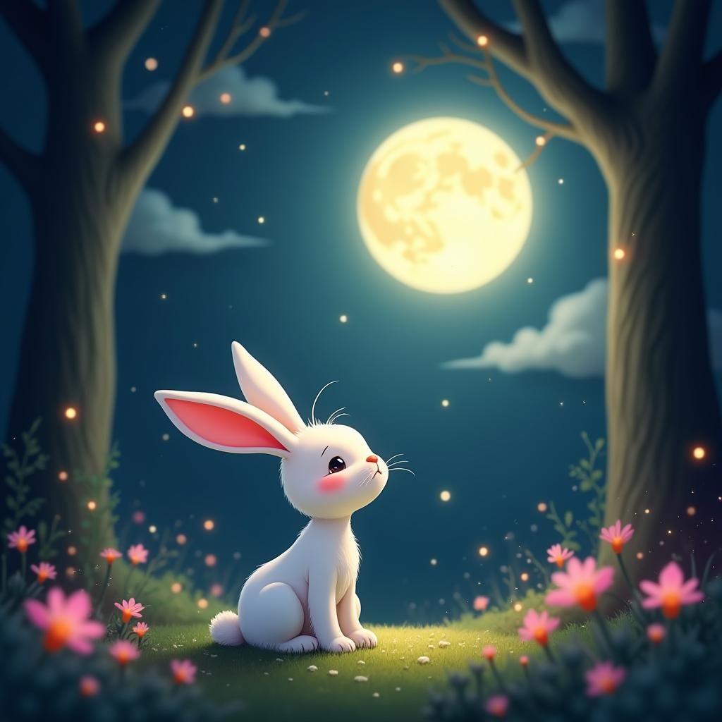 Rabbit Gazing at Moon in Disney Cartoon Style