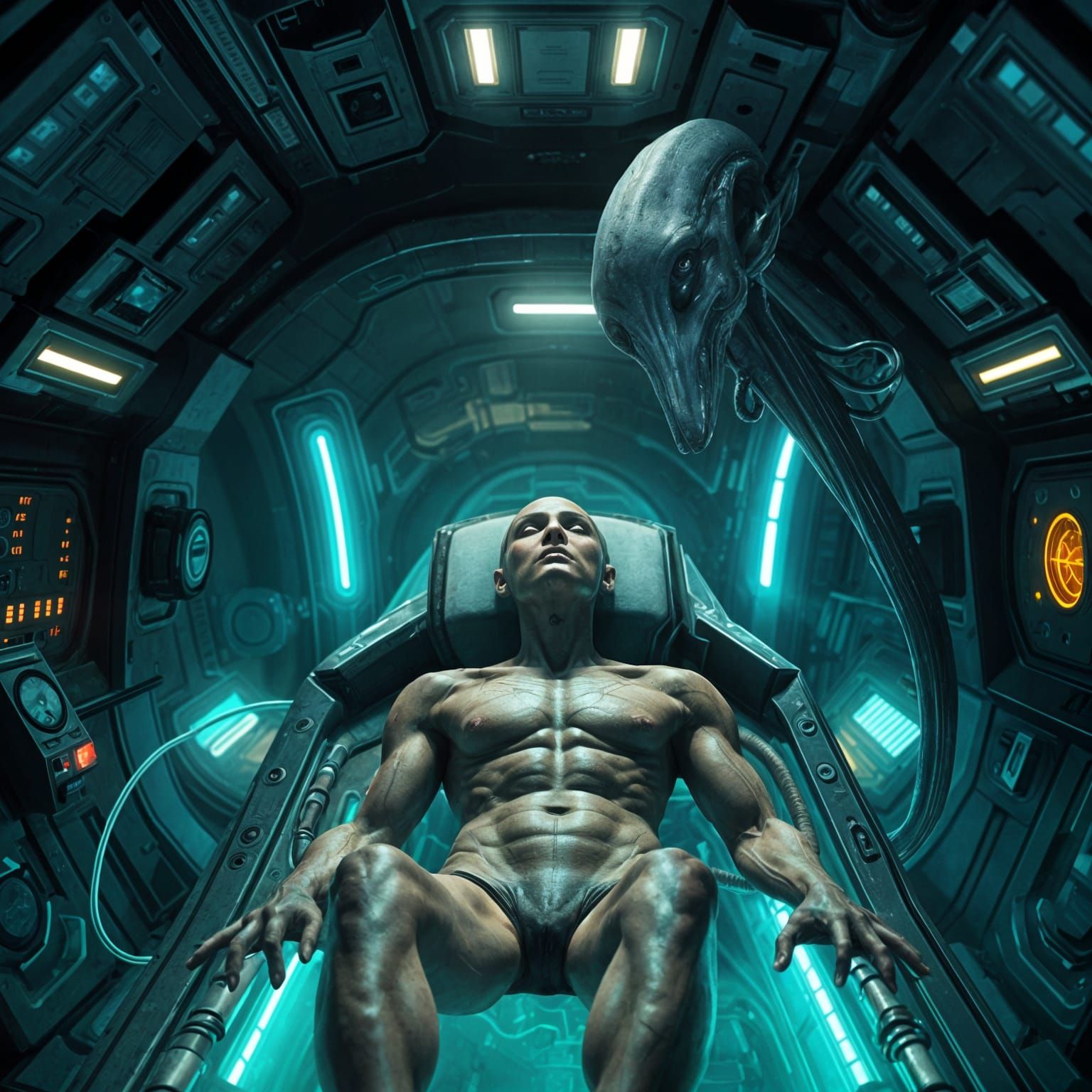 Alien Observes Human in Futuristic Incubator