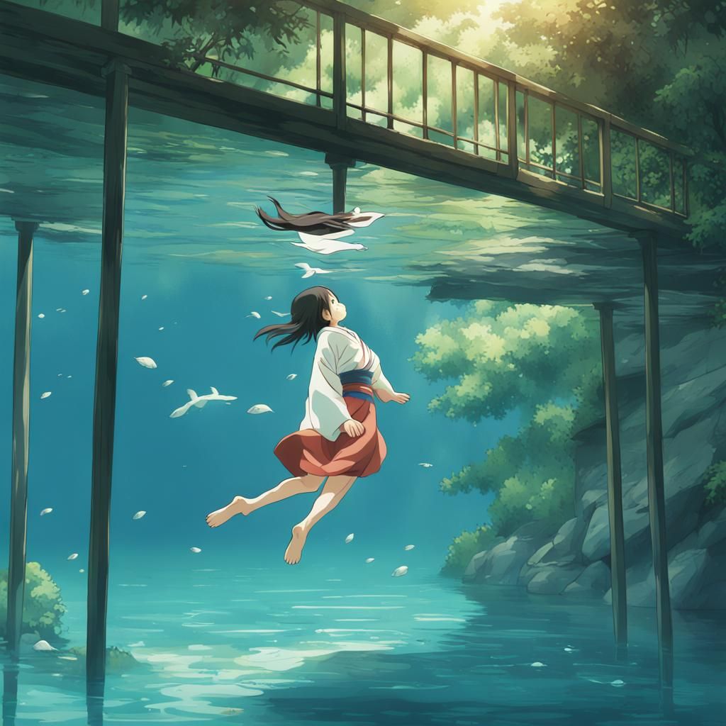 Barefoot Girl Diving: Studio Ghibli Anime Style