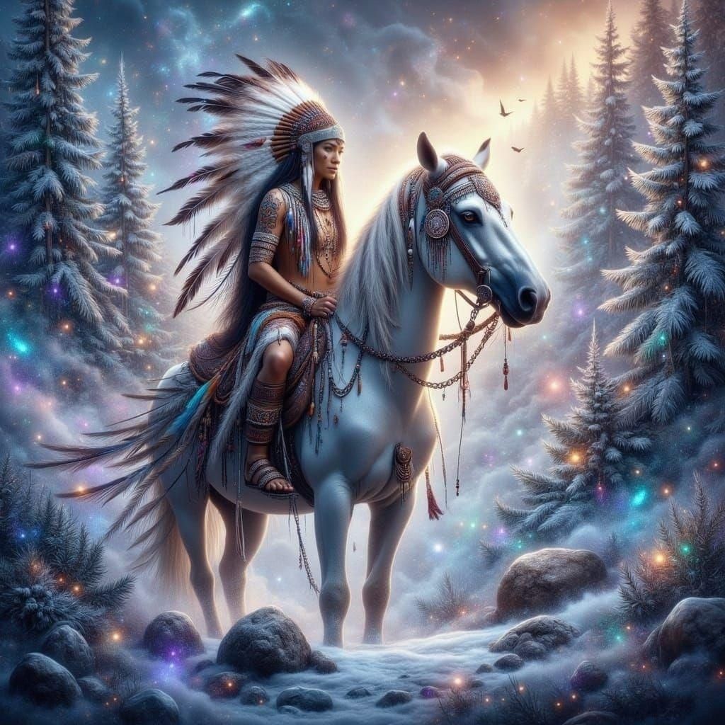 Ethereal Native American Princess Rides Snowy Mountain Pass