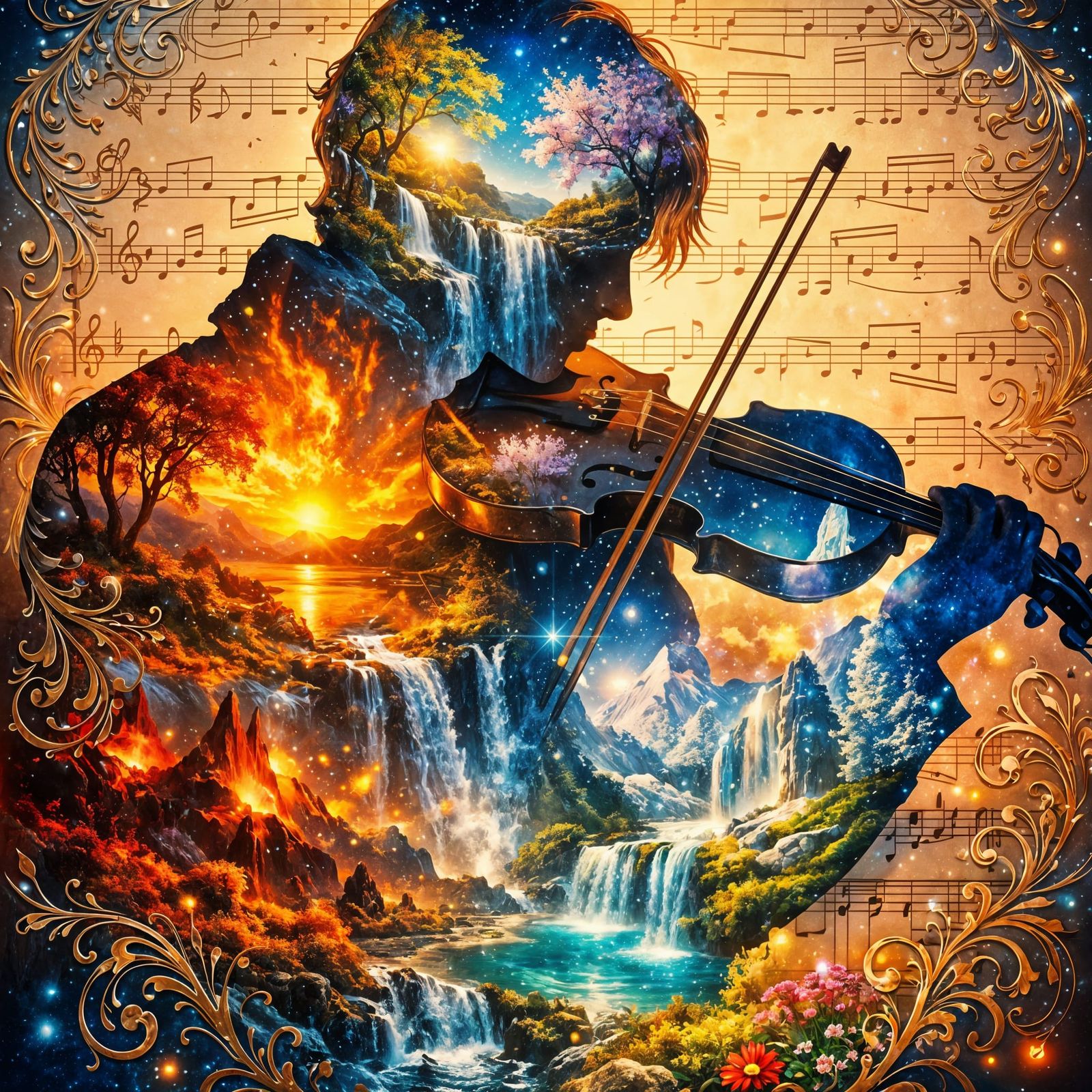 Violin Player Silhouette with Four Seasons Landscape