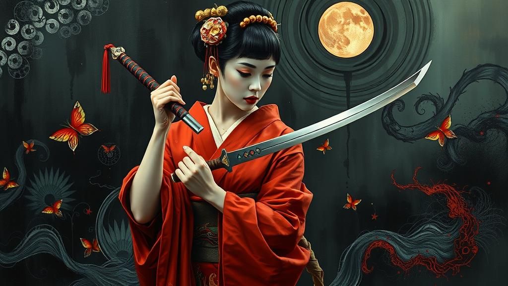 Geisha with Tanto in Surrealist Dreamscape