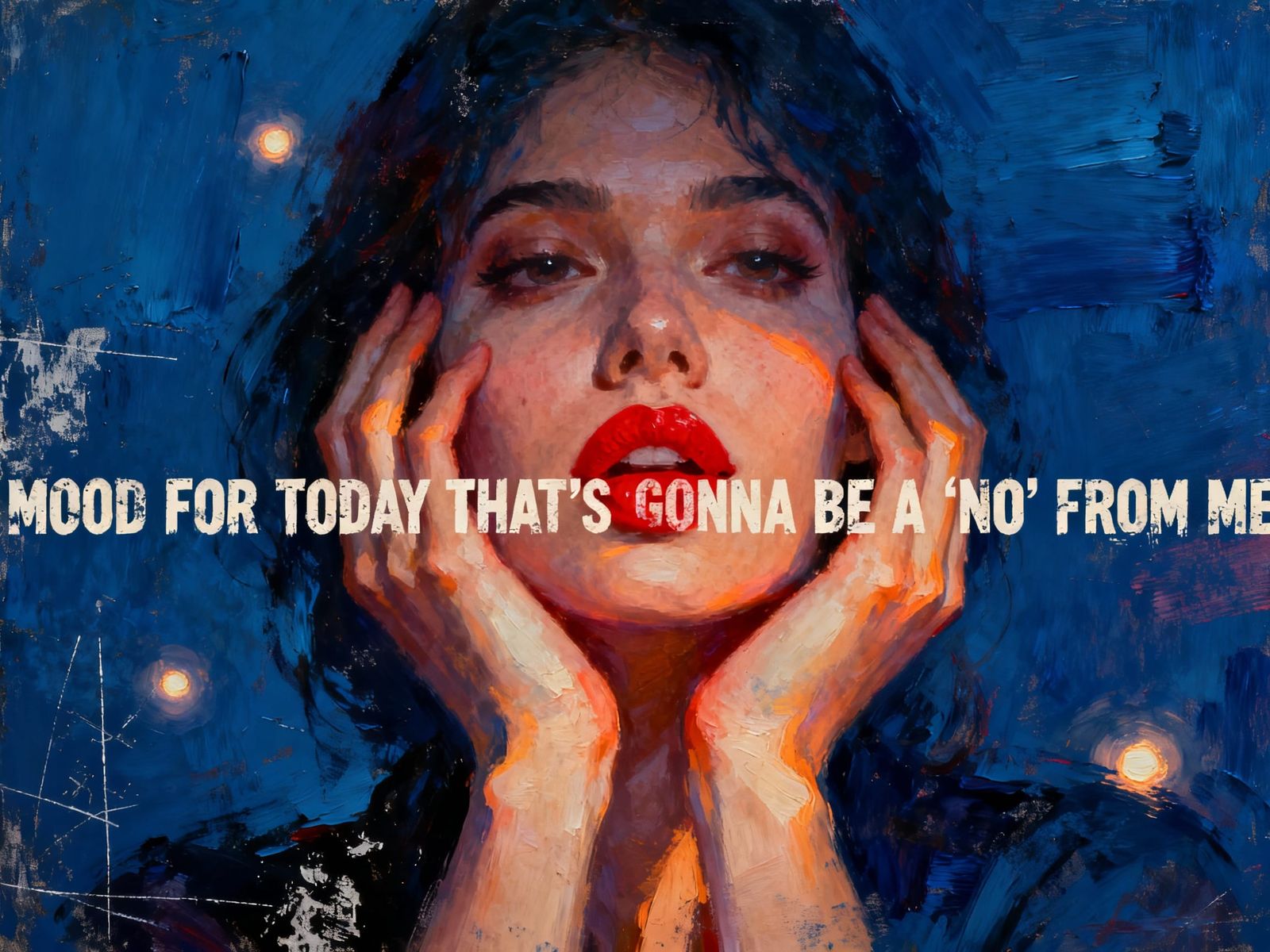 Woman's Contemplative Portrait with Red Lips and Blue Backgr...