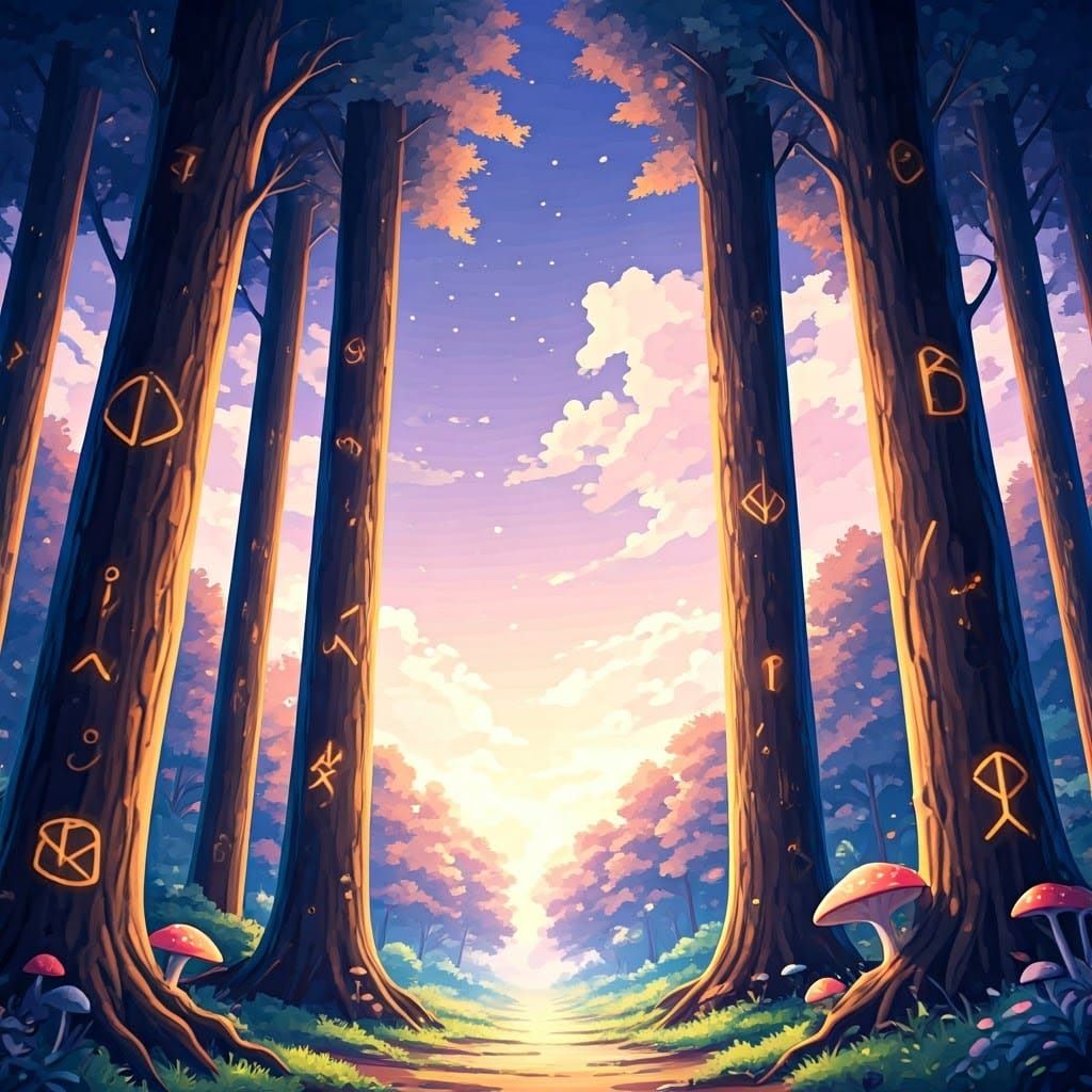 Whimsical Anime Forest with Glowing Runes and Ethereal Mushr...