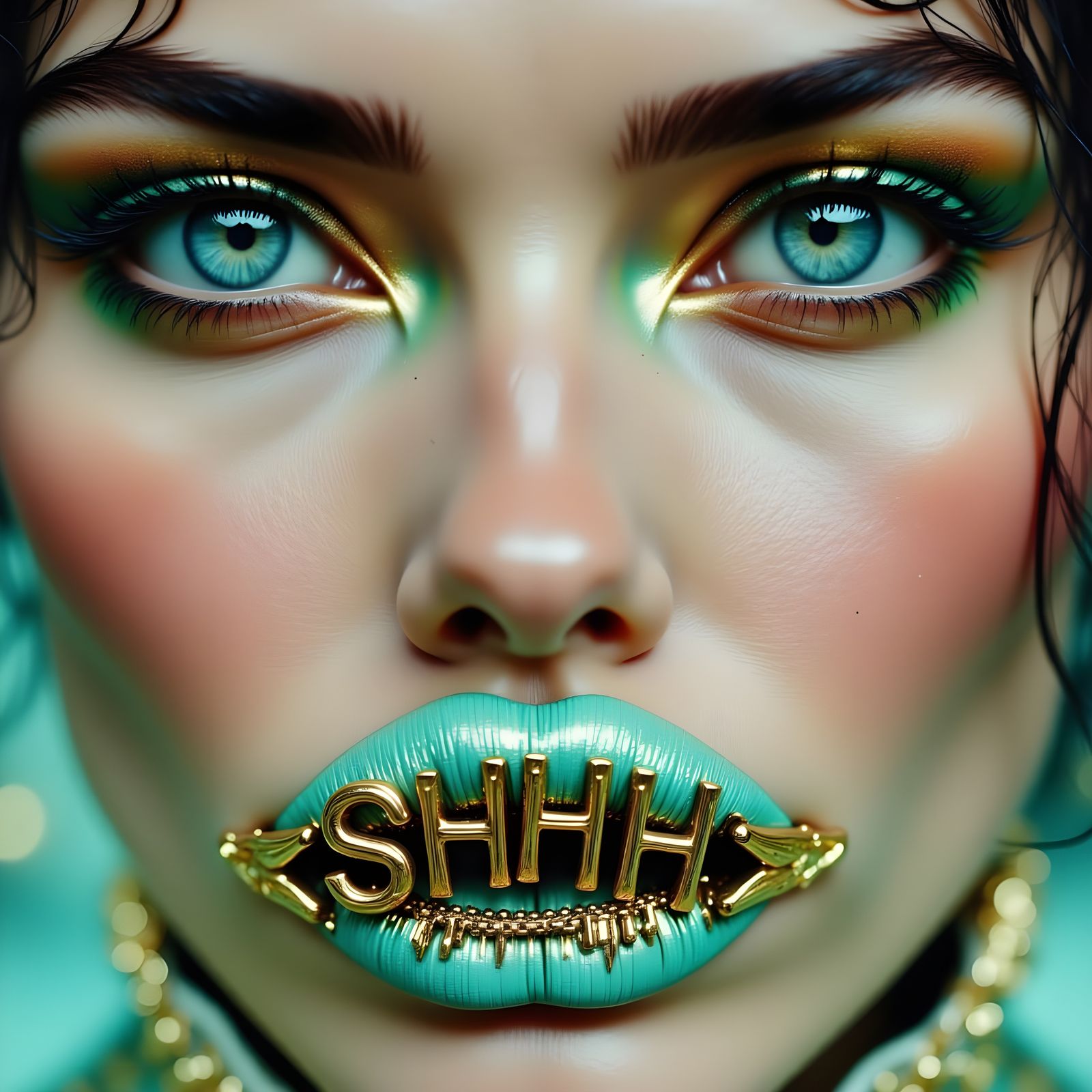 Glamorous Portrait with Zippered Lips and 'SHHH'
