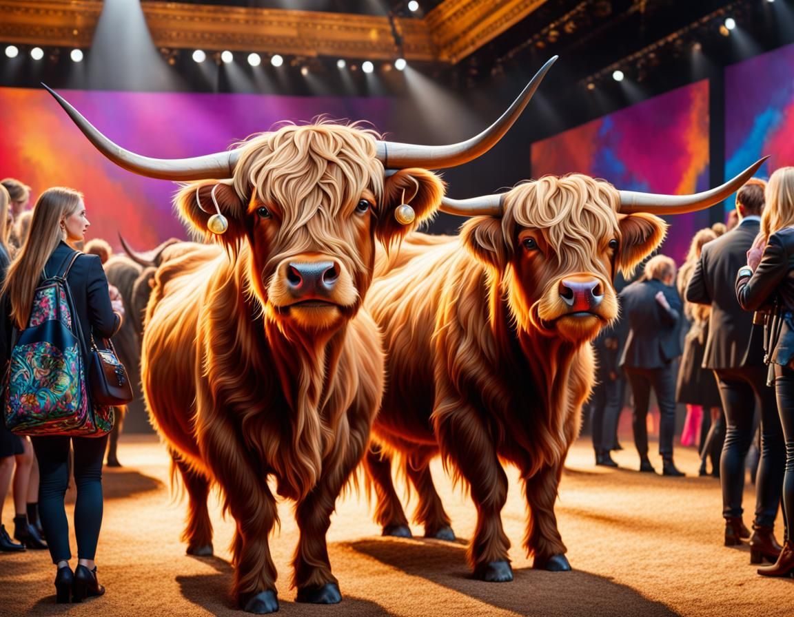 Highland Cows Visit Fashion Show: Hyperrealistic Splash Art