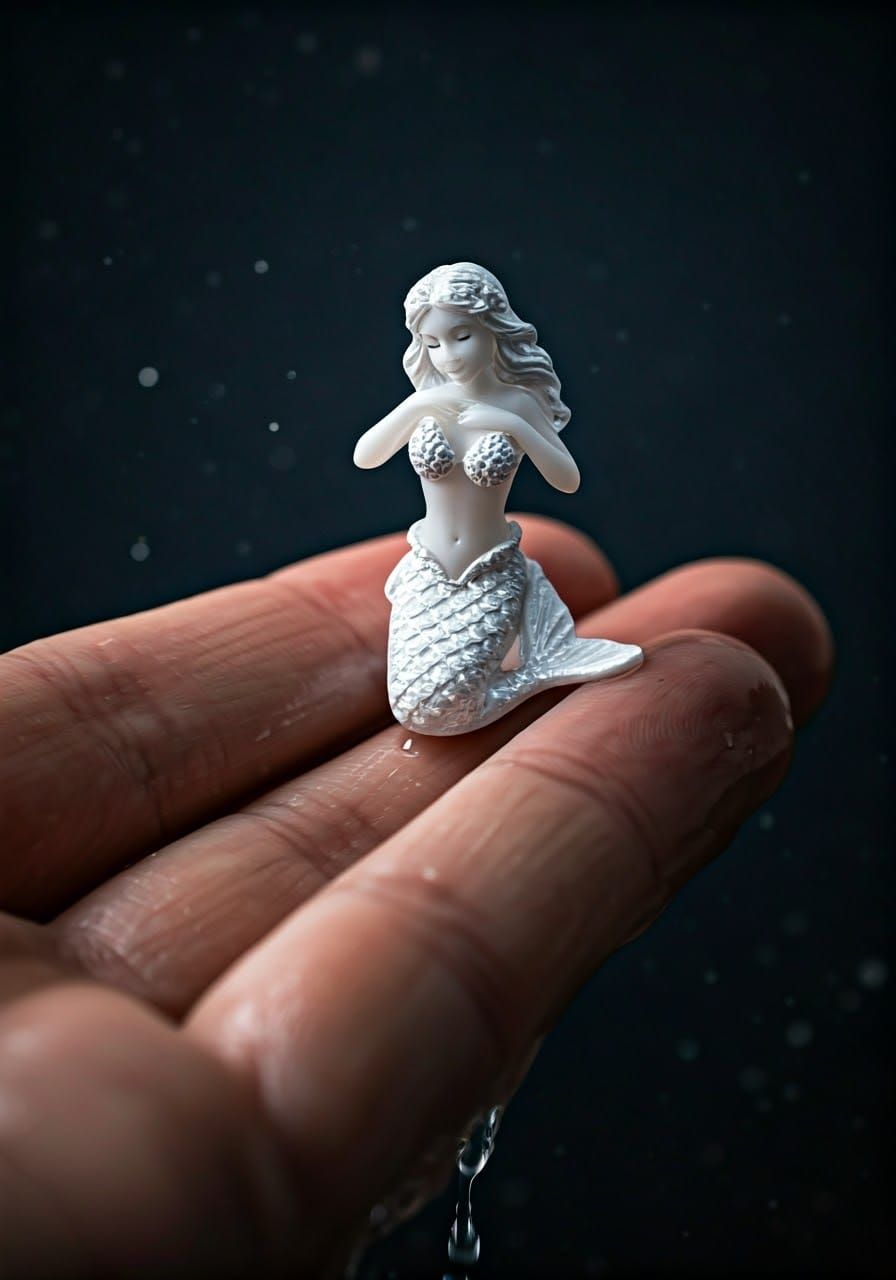 Shimmering Mermaid Figurine in Hand: Hyperrealistic Detail