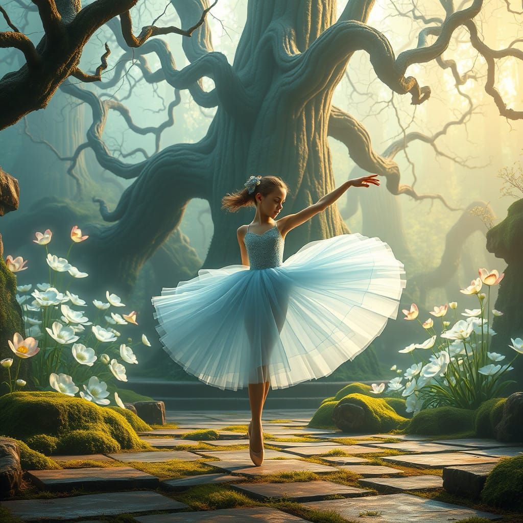 Young Ballerina in Whimsical Ruined Garden