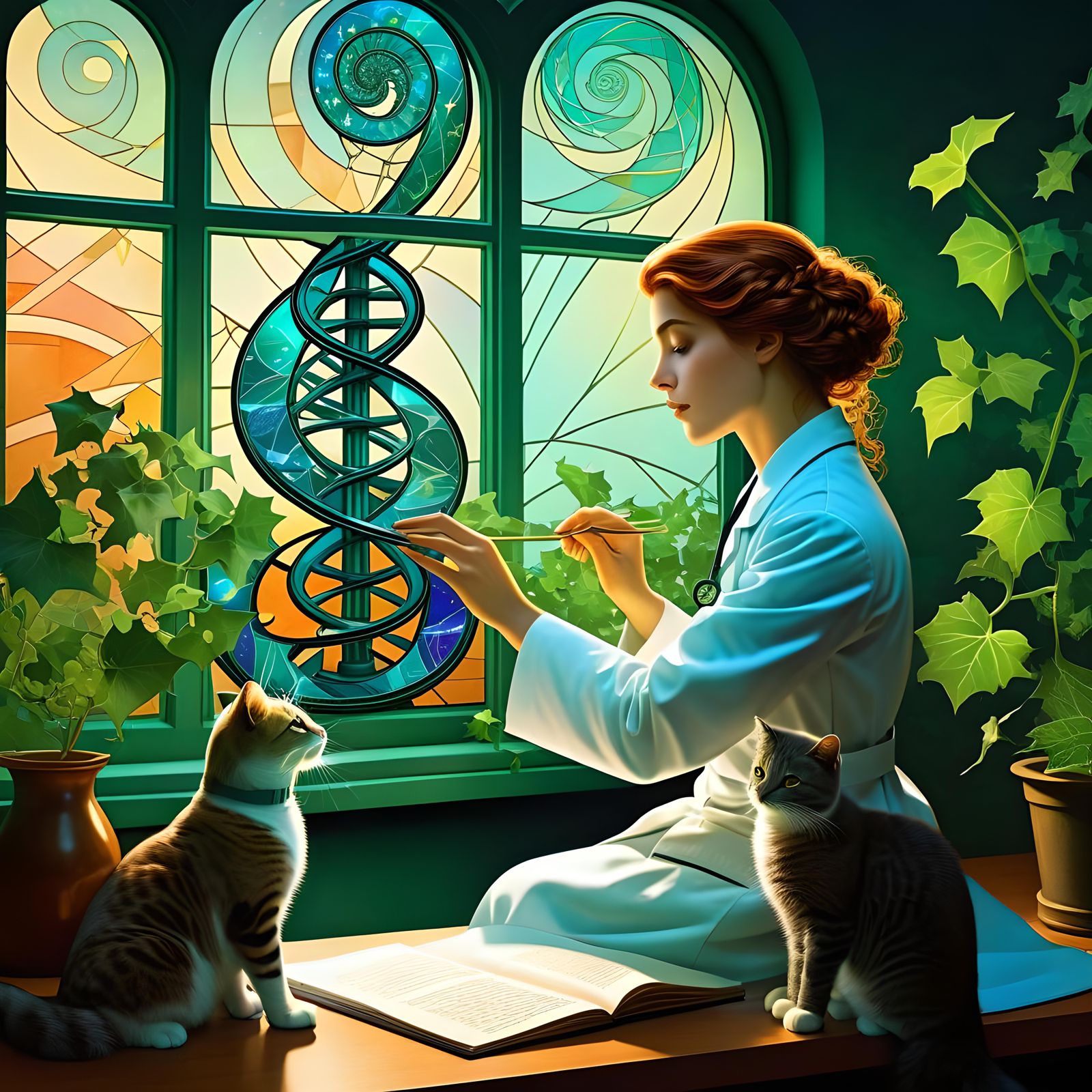 Female Scientist with Cat in Prismatic Art Nouveau Style
