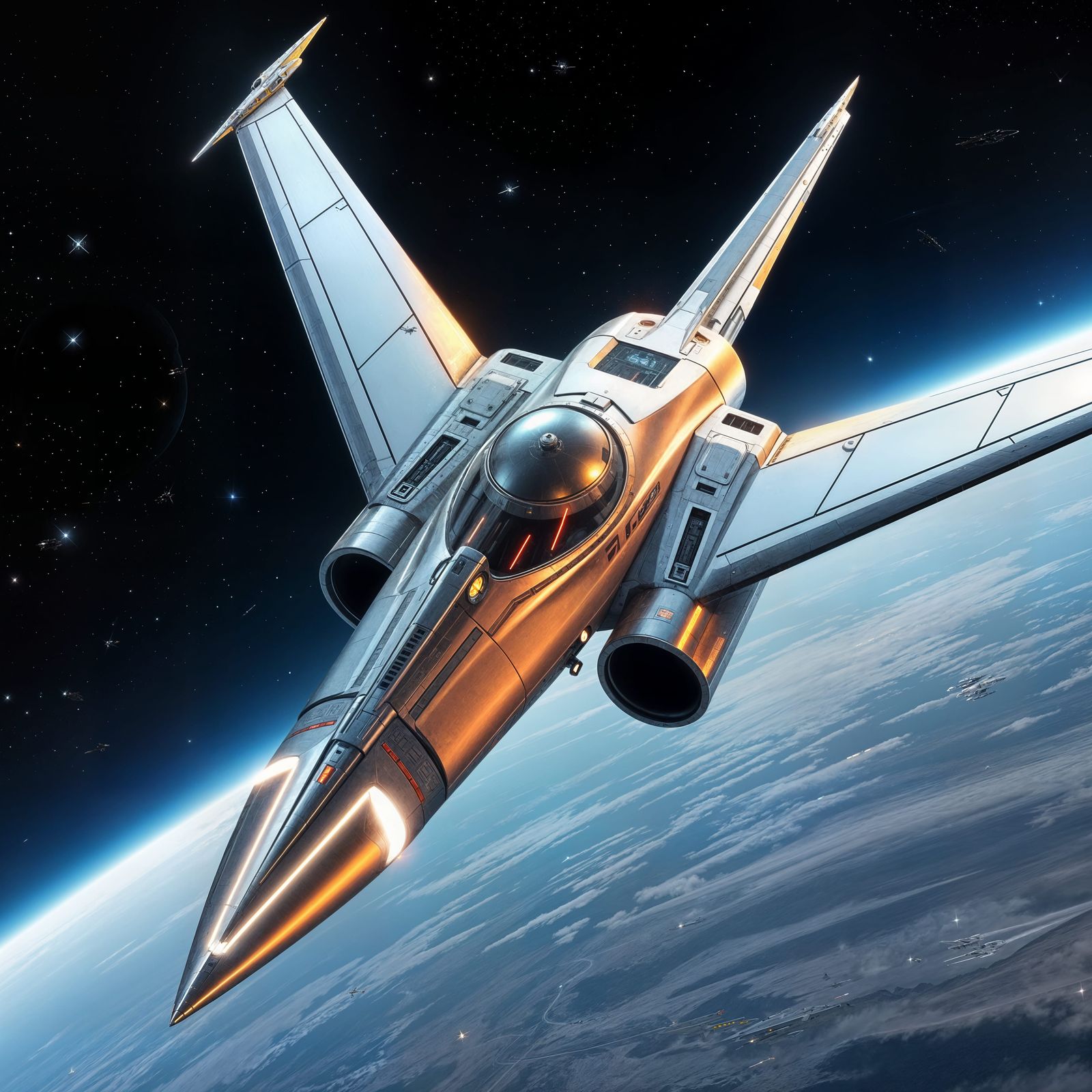 Majestic Chromium Starfighter Soars Through Space