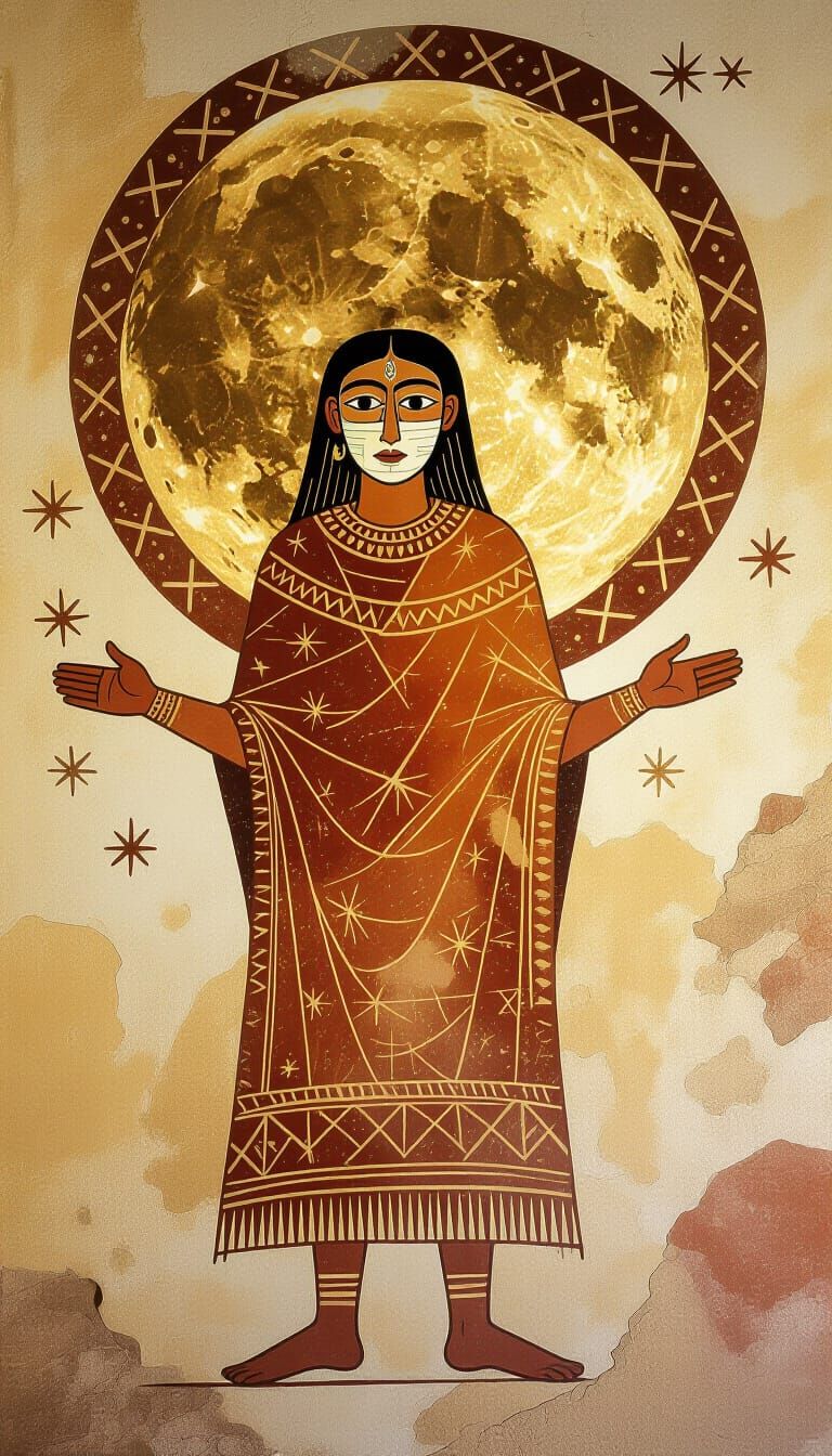 Ancient Cave Painting of Masked Figure and Moon