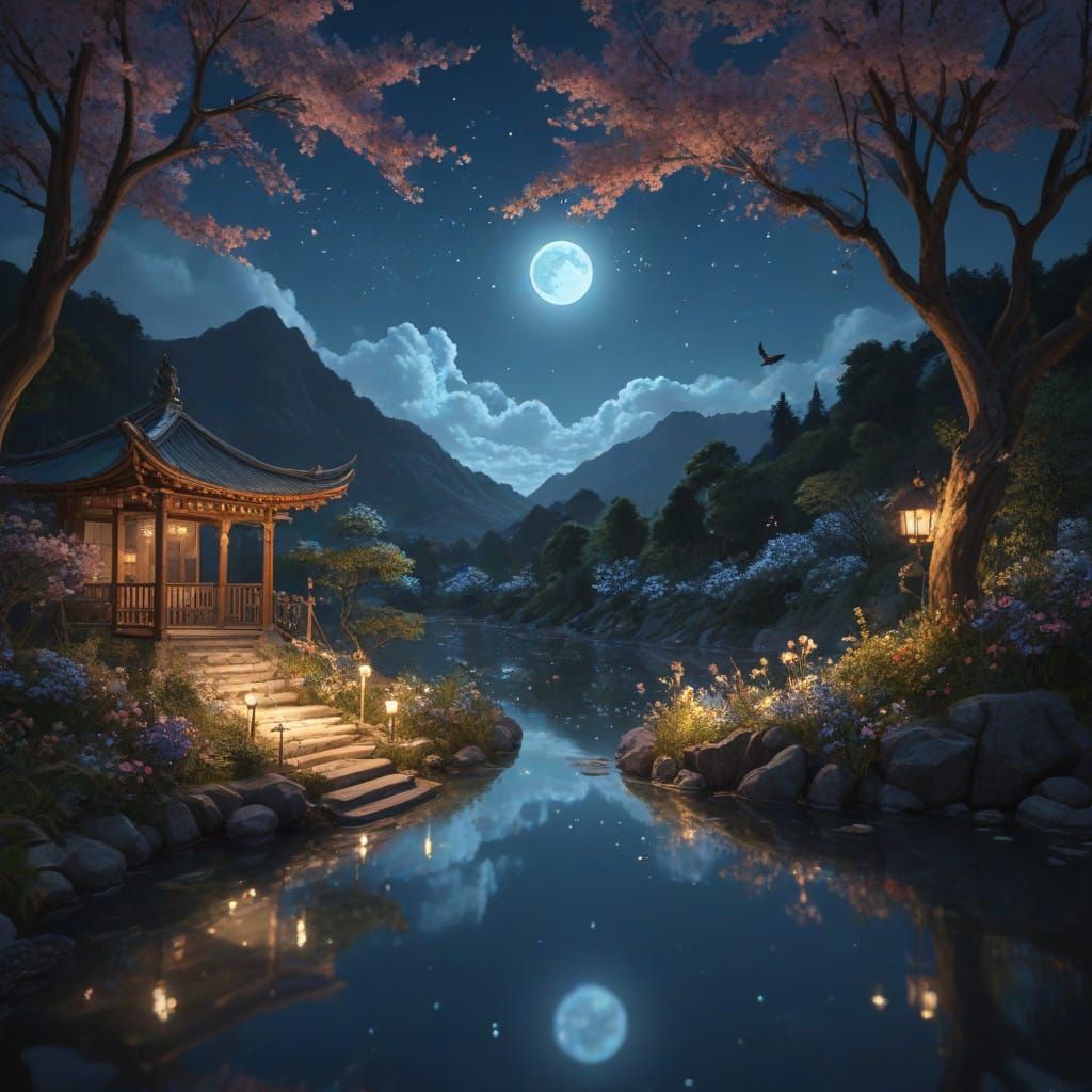 Japanese Cranes and Blossoms in Anime Realism