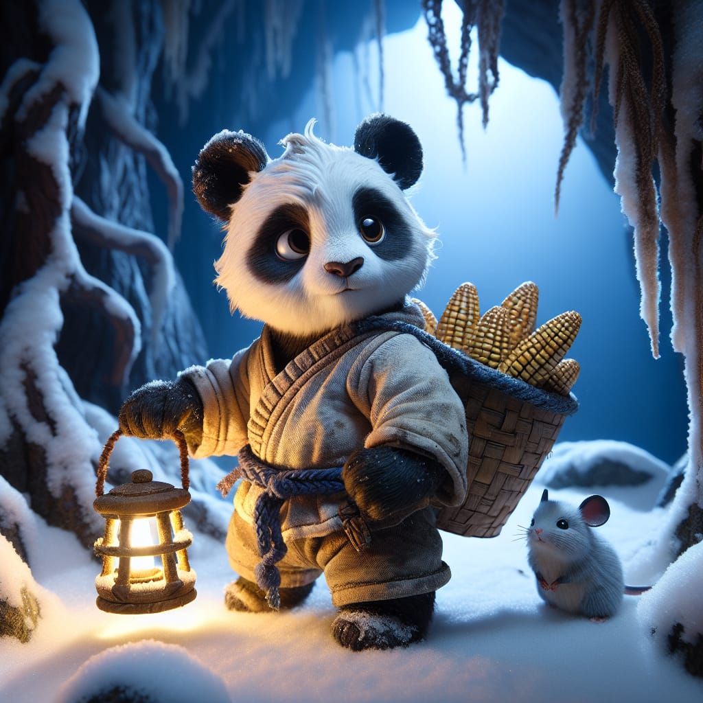 Panda in Mysterious Snowy Cave with Magical Glow