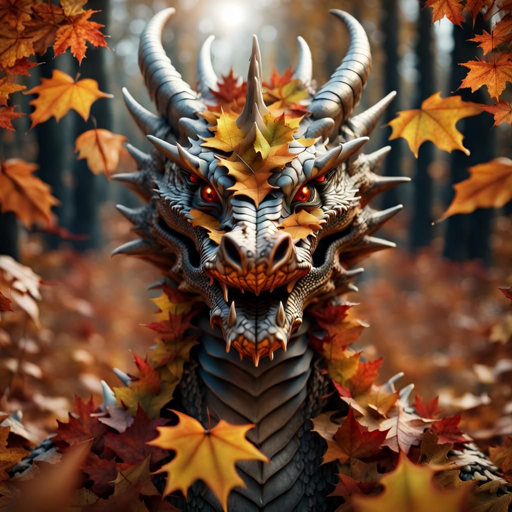 Autumn Leaf Dragon Head in Maximalist Fantasy Style