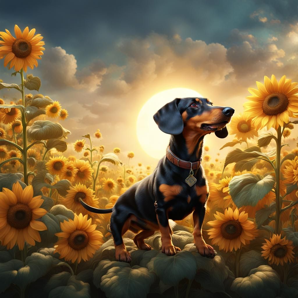 Weenie Dog with Sunflowers: Detailed Matte Painting
