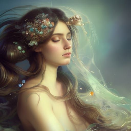 Pretty mermaid girl with sea weed and scales for hair.