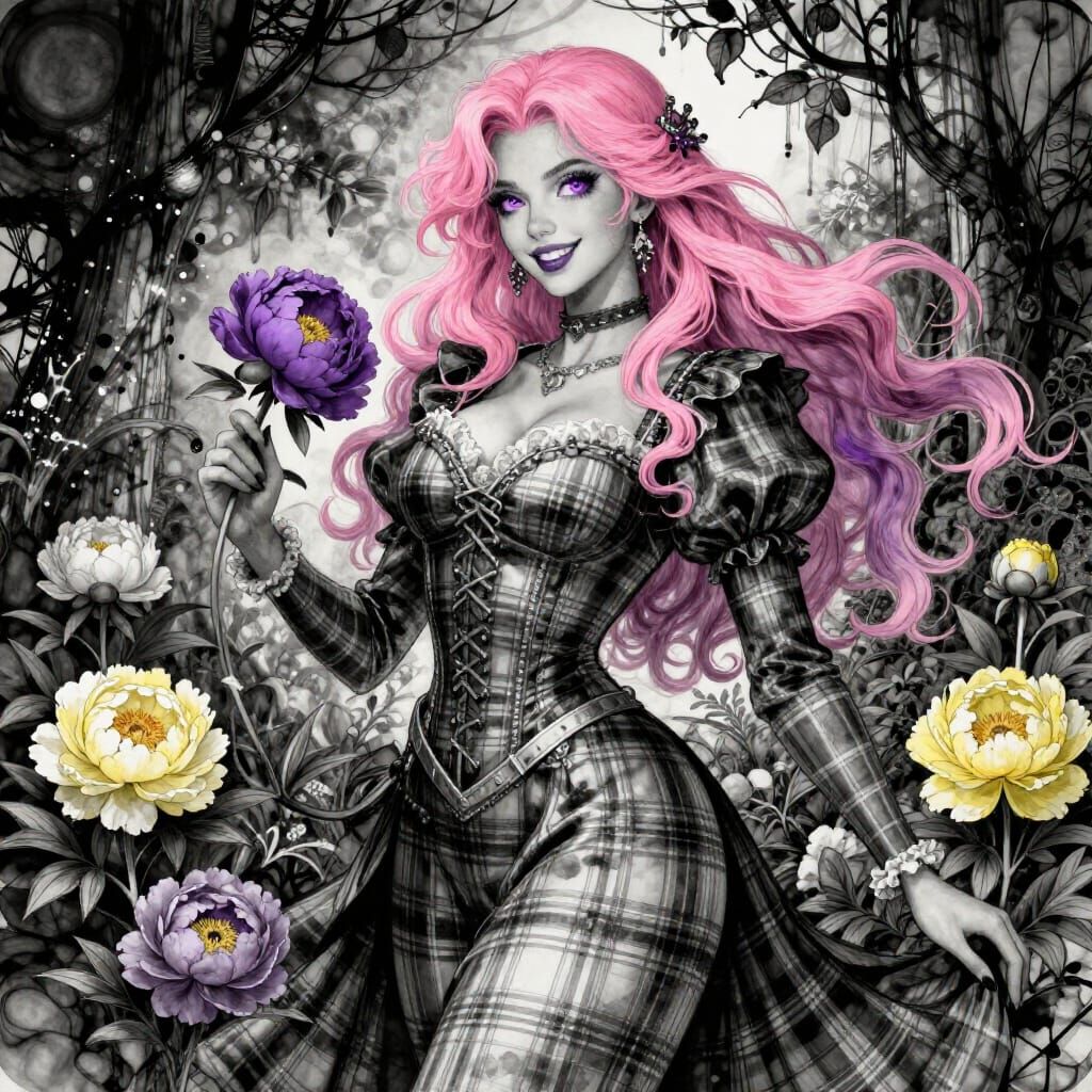 Woman in Plaid Gown: Alcohol Ink Style