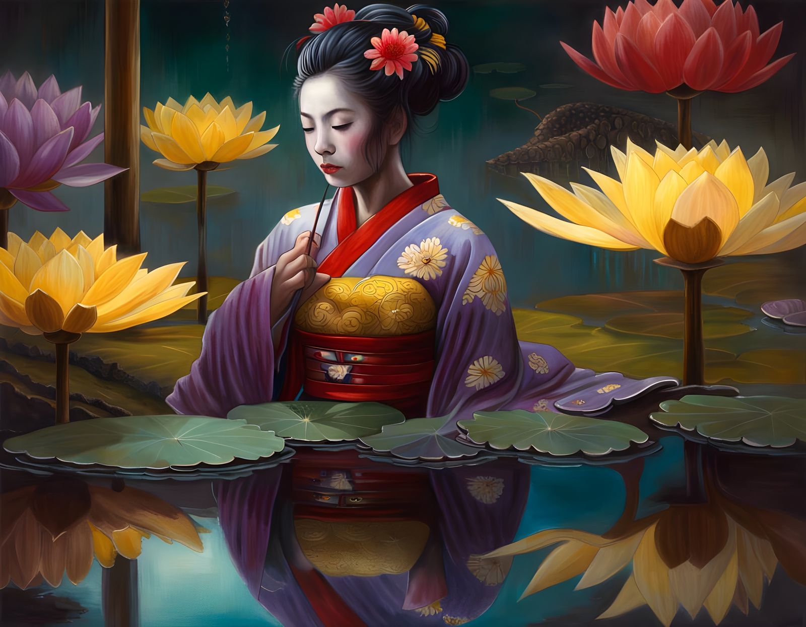 Stunning Geisha in Vibrant Kimono, Touching Her Celestial Re...