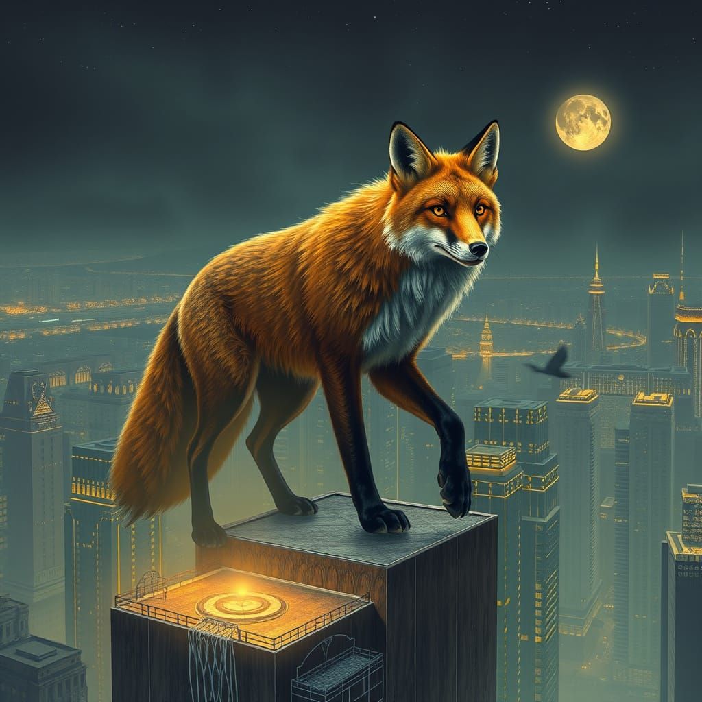 Giant Fox Over Cityscape