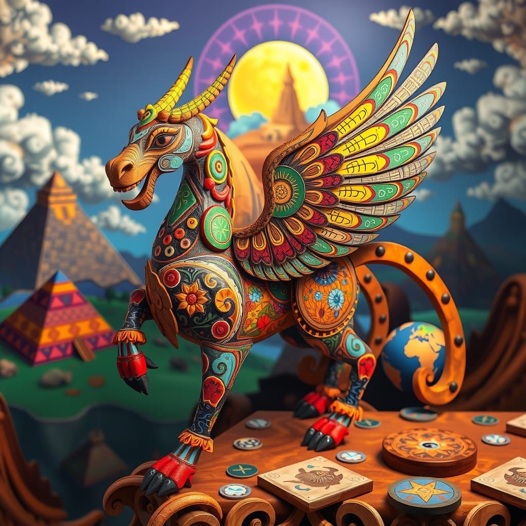 Alebrije Griffin-Pegasus in Dreamscape, 3D Render