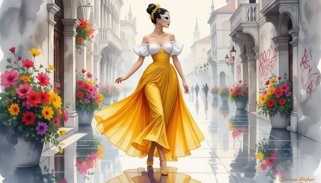 Venetian Ballerina Amidst Flowers in Stylized Watercolor Pai...