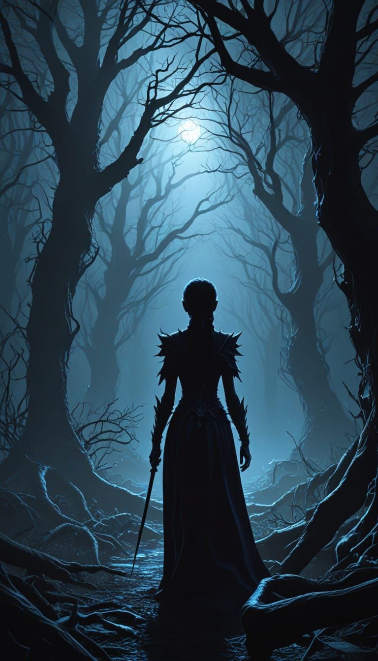 Dark Fantasy Elves in Eerie Forest with Lightning
