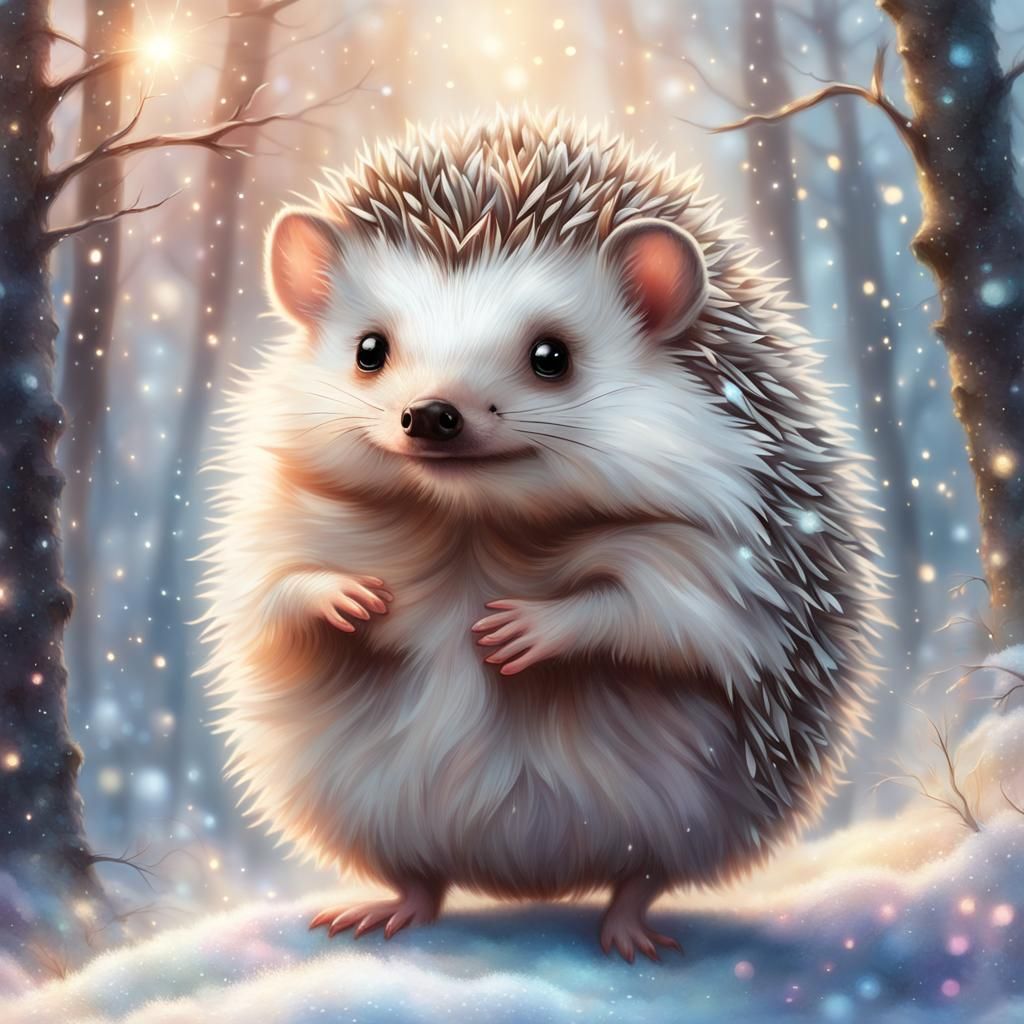 Chibi Hedgehog in Winter Magic, Fantasy Art