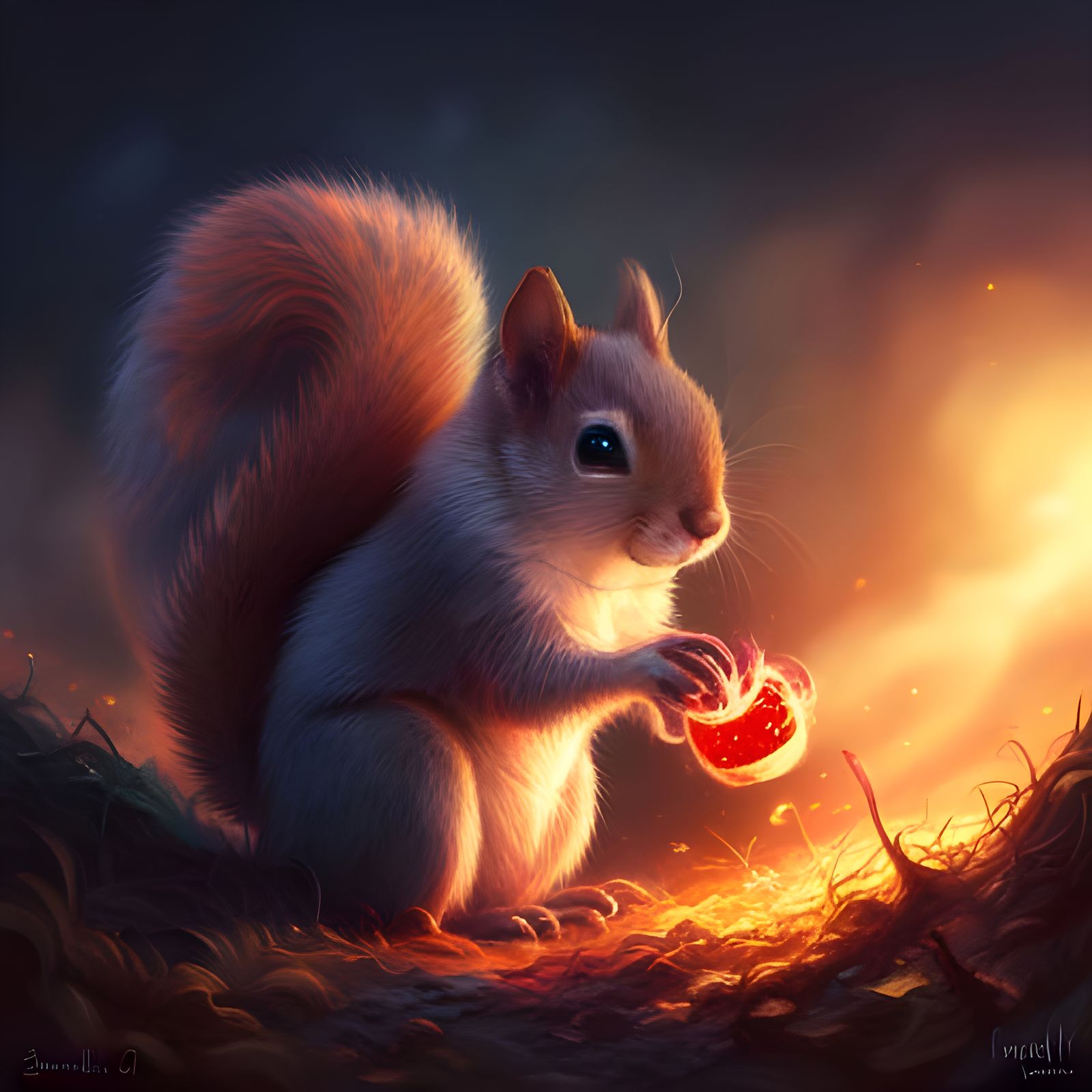 Insanely detailed photograph of An elaborate portrait sparkly cute anime squirrel burying nuts in the ground in a electr...