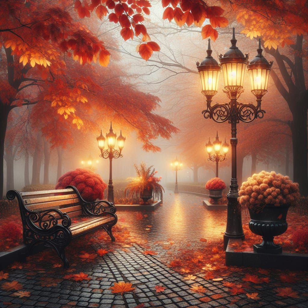 Cozy Autumn Park Scene in Warm Golden Light