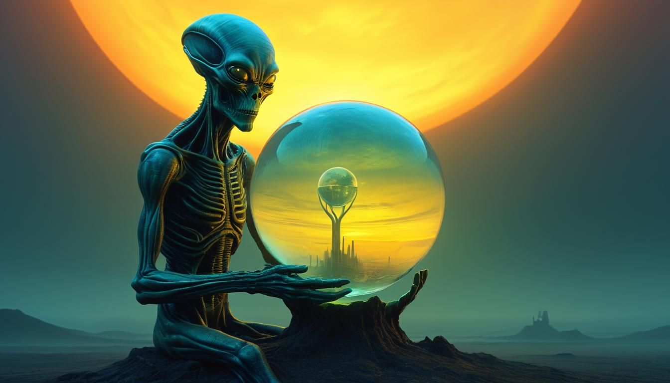 Alien Holding Glowing Globe in Surrealist Style