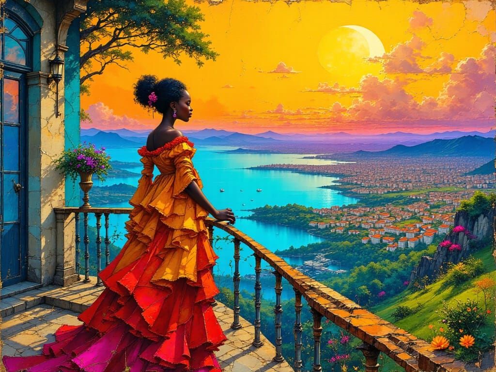Regal Black Woman on Balcony Overlooking Cityscape