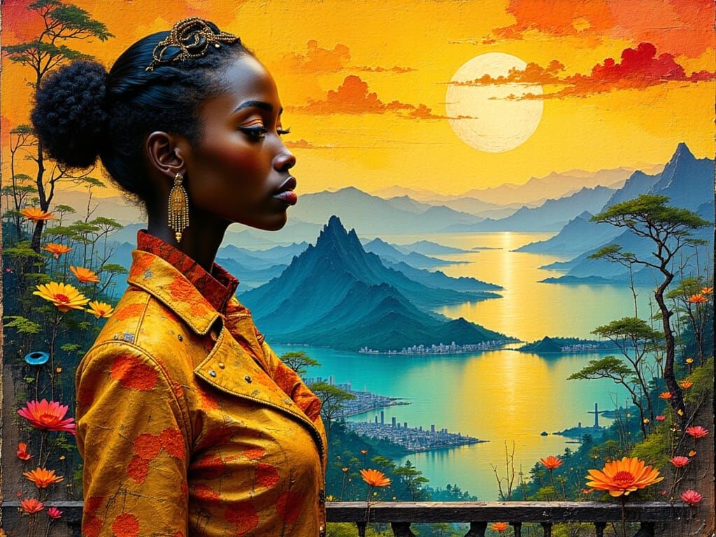 Stylish Black Woman on Balcony Overlooking Lake and Cityscap...