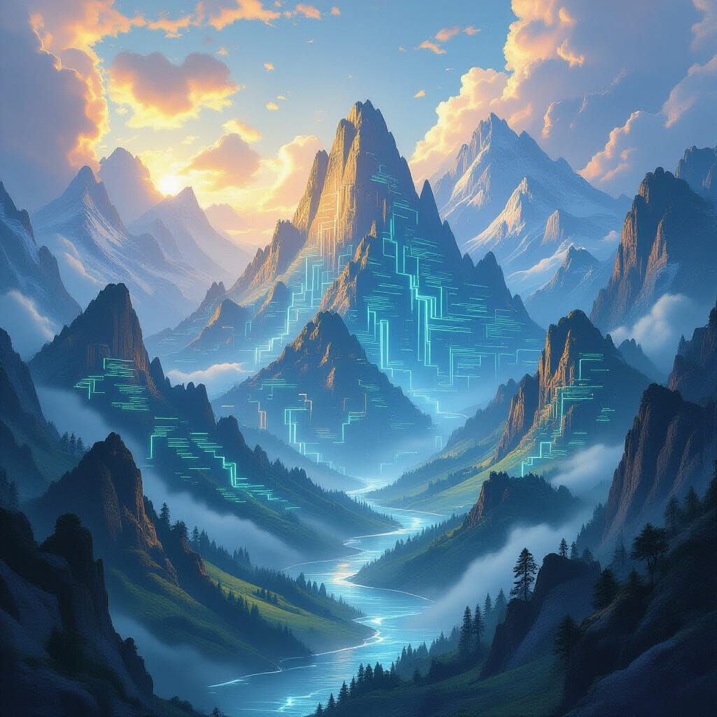 Epic Digital Landscape of Code Mountains and Data Rivers