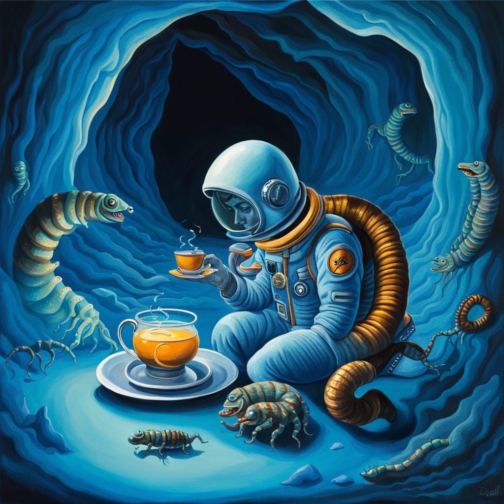 Astronaut's Surreal Tea Party in a Glowing Cave